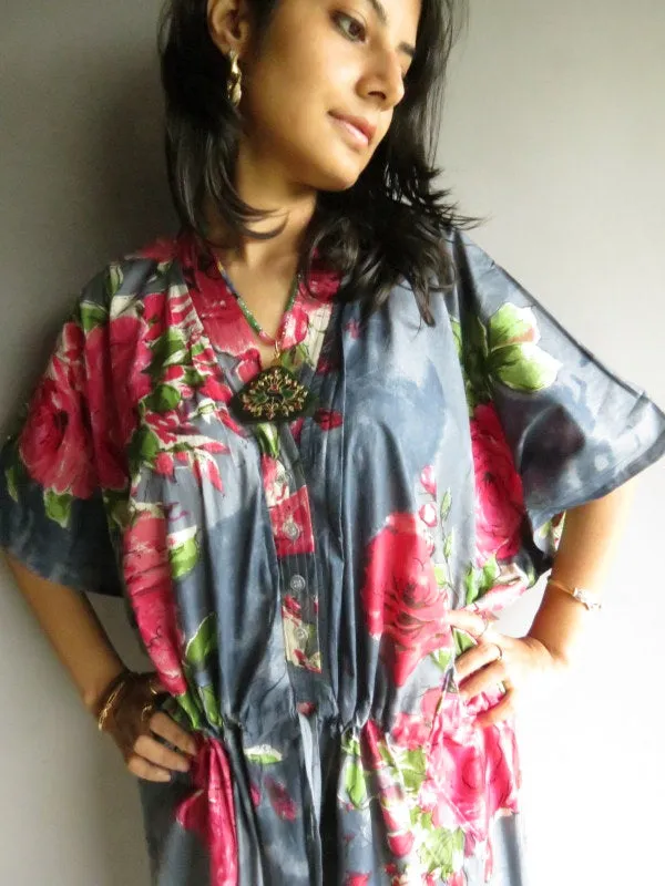 Gray Fuchsia Large Floral Blossom V-Neck Button Down to Waist, Ankle Length, Cinched Waist Caftan