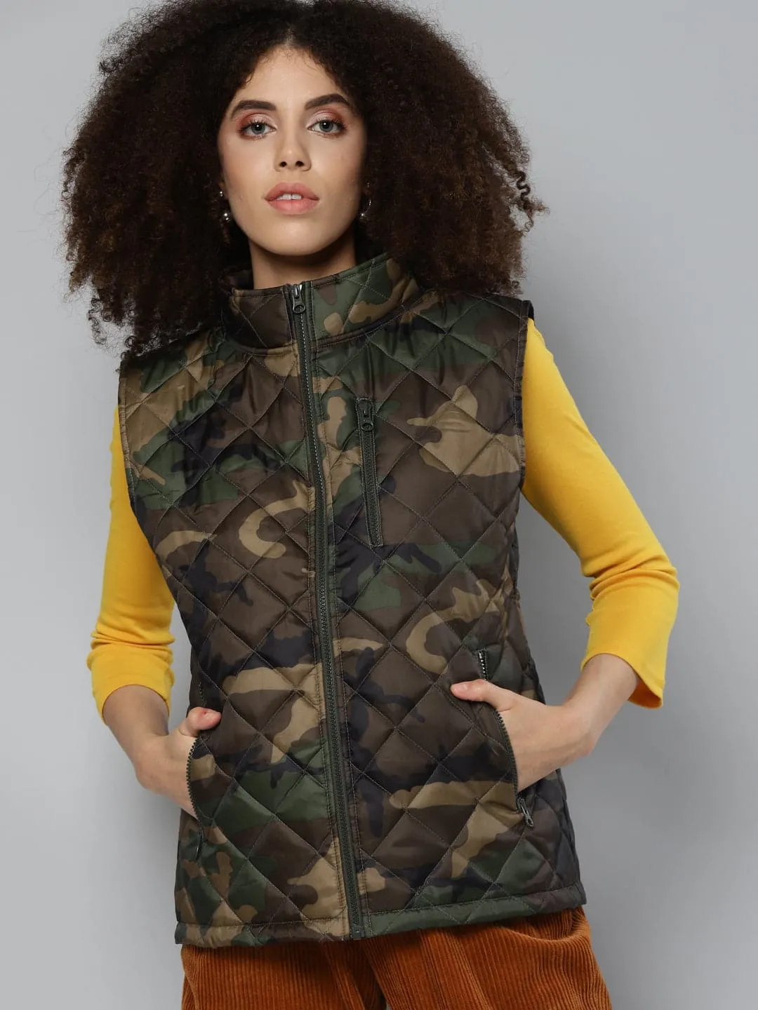 Green Camouflage Sleeveless Puffer Jacket