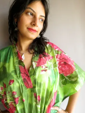 Green Fuchsia Large Floral Blossom V-Neck, Ankle Length, Cinched Waist Caftan