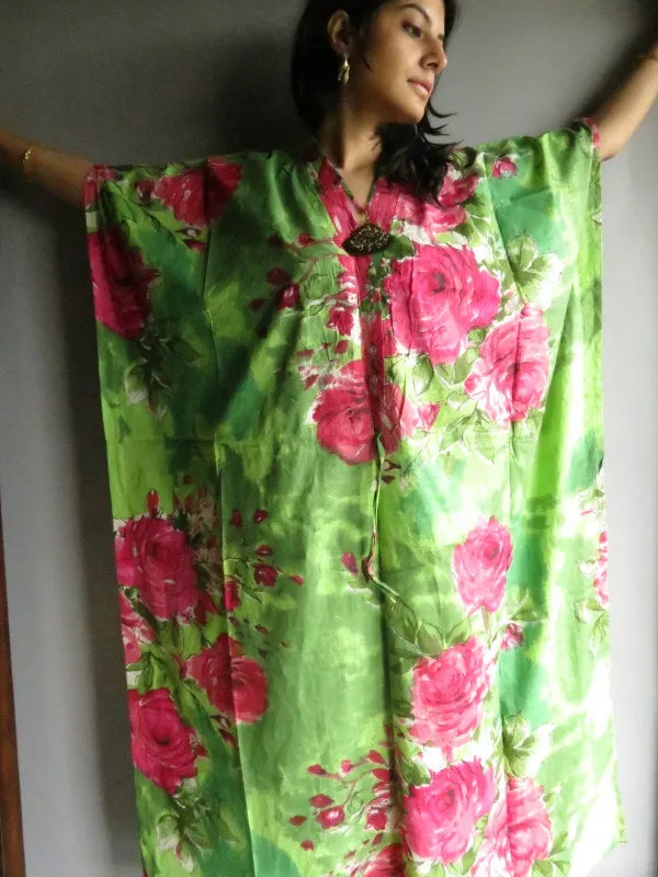 Green Fuchsia Large Floral Blossom V-Neck Button Down to Waist, Ankle Length, Cinched Waist Caftan