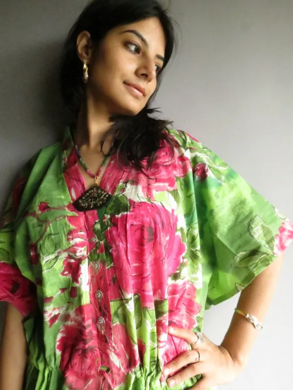 Green Fuchsia Large Floral Blossom V-Neck Button Down to Waist, Ankle Length, Cinched Waist Caftan