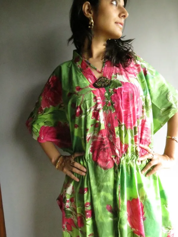 Green Fuchsia Large Floral Blossom V-Neck Button Down to Waist, Ankle Length, Cinched Waist Caftan