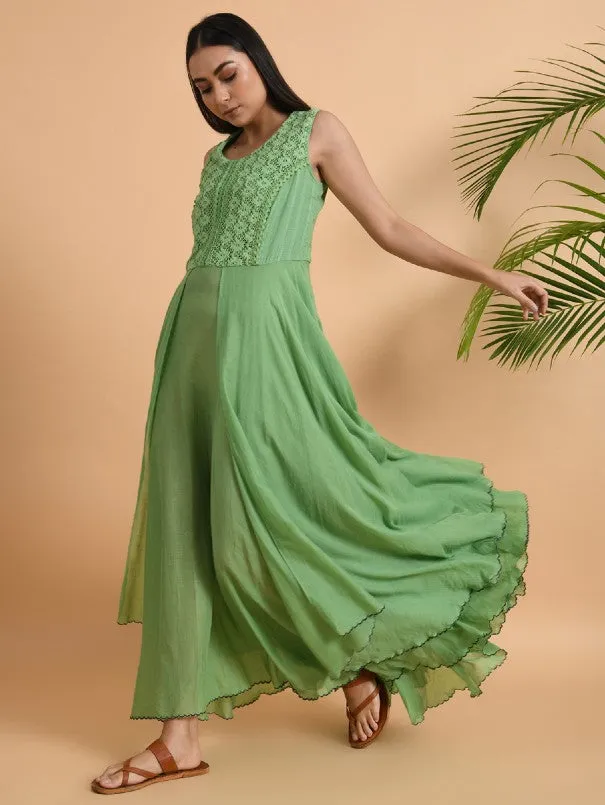 Green Lace Trimmed Double layered Dress