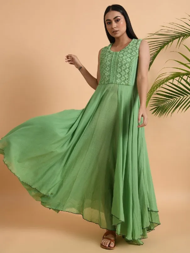 Green Lace Trimmed Double layered Dress