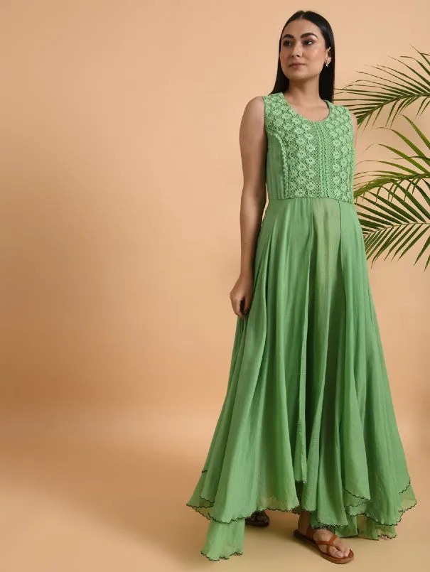 Green Lace Trimmed Double layered Dress