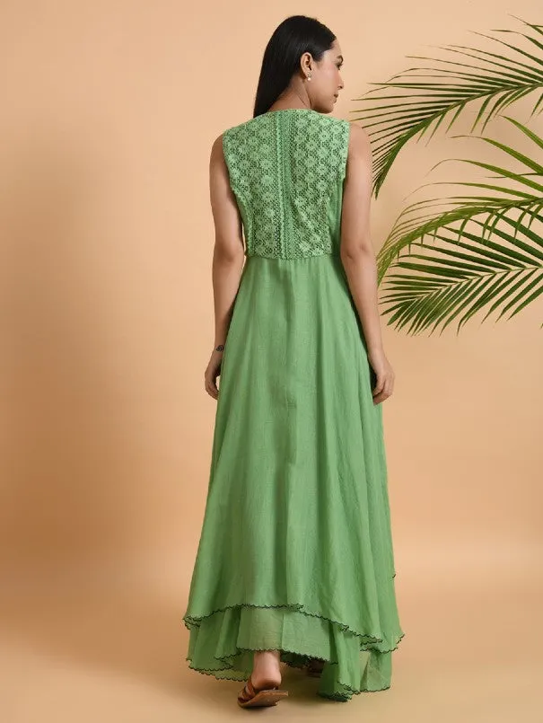 Green Lace Trimmed Double layered Dress