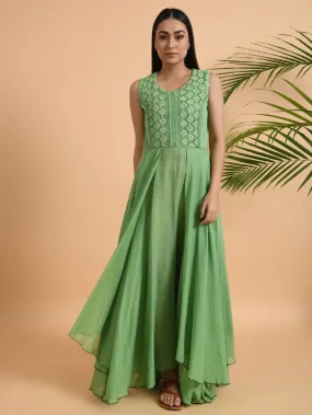 Green Lace Trimmed Double layered Dress