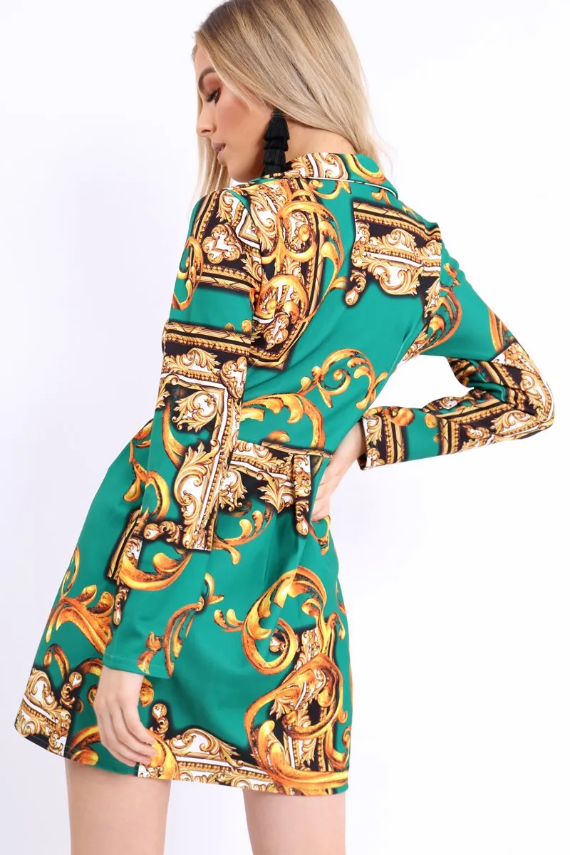 Green Scarf Print Button Detail Blazer Dress - Hannah