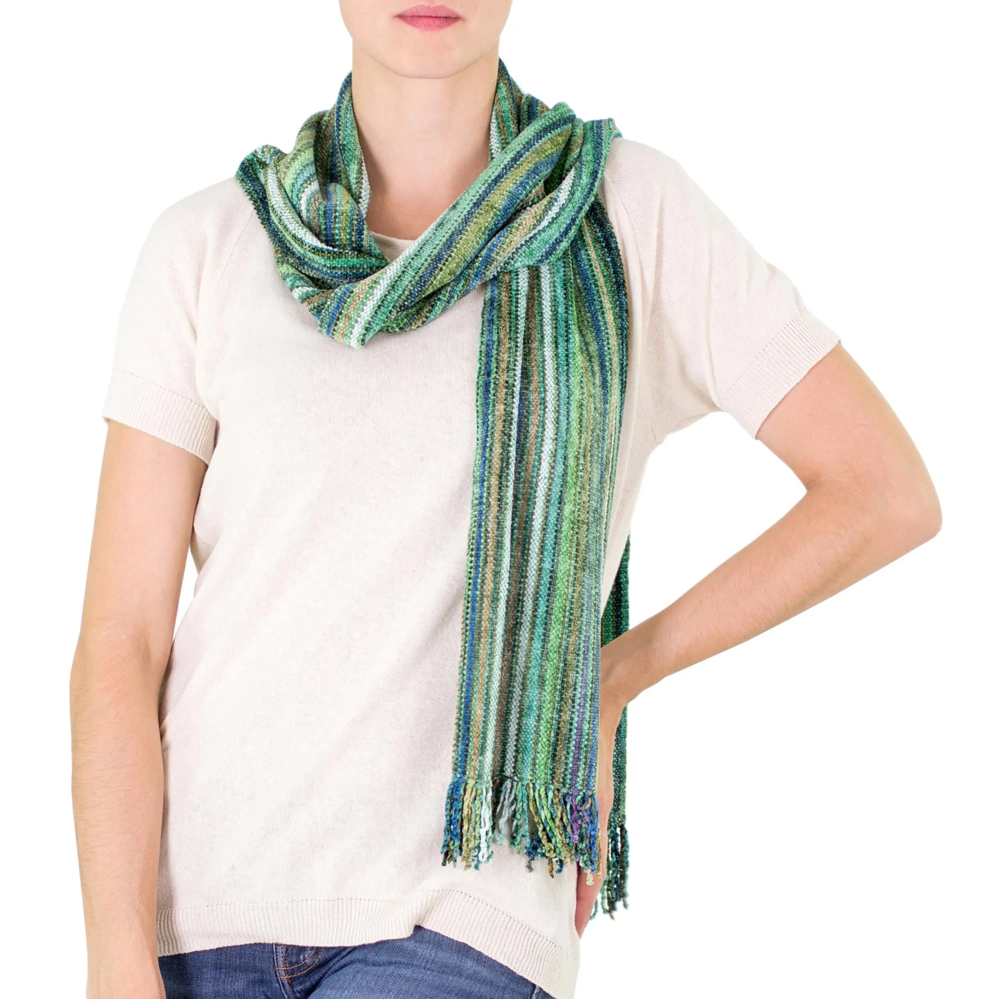 Guatemalan Rayon Chenille Scarf - Rainforest | NOVICA