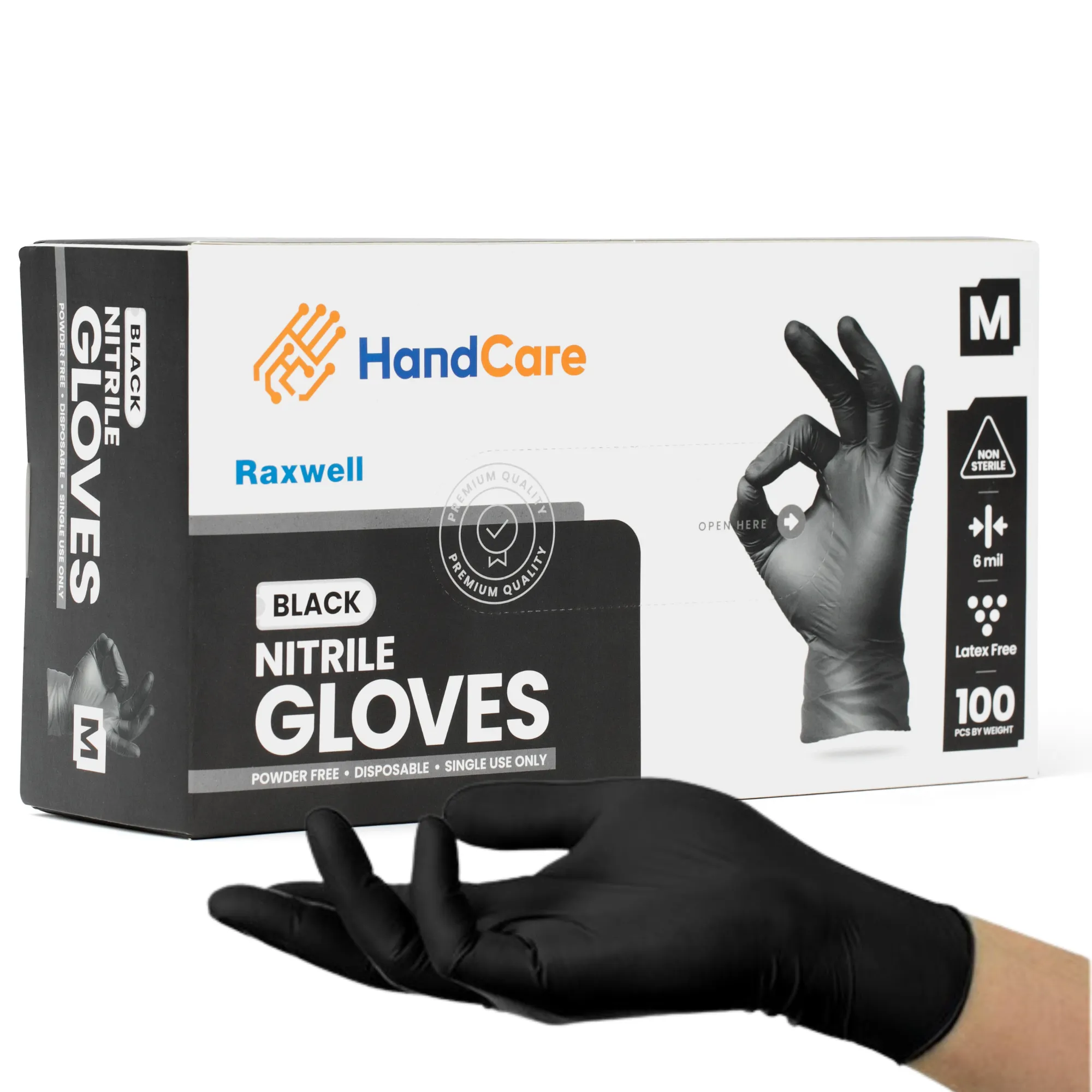 HandCare Black Nitrile Gloves - Exam Grade, Powder Free (6 Mil)