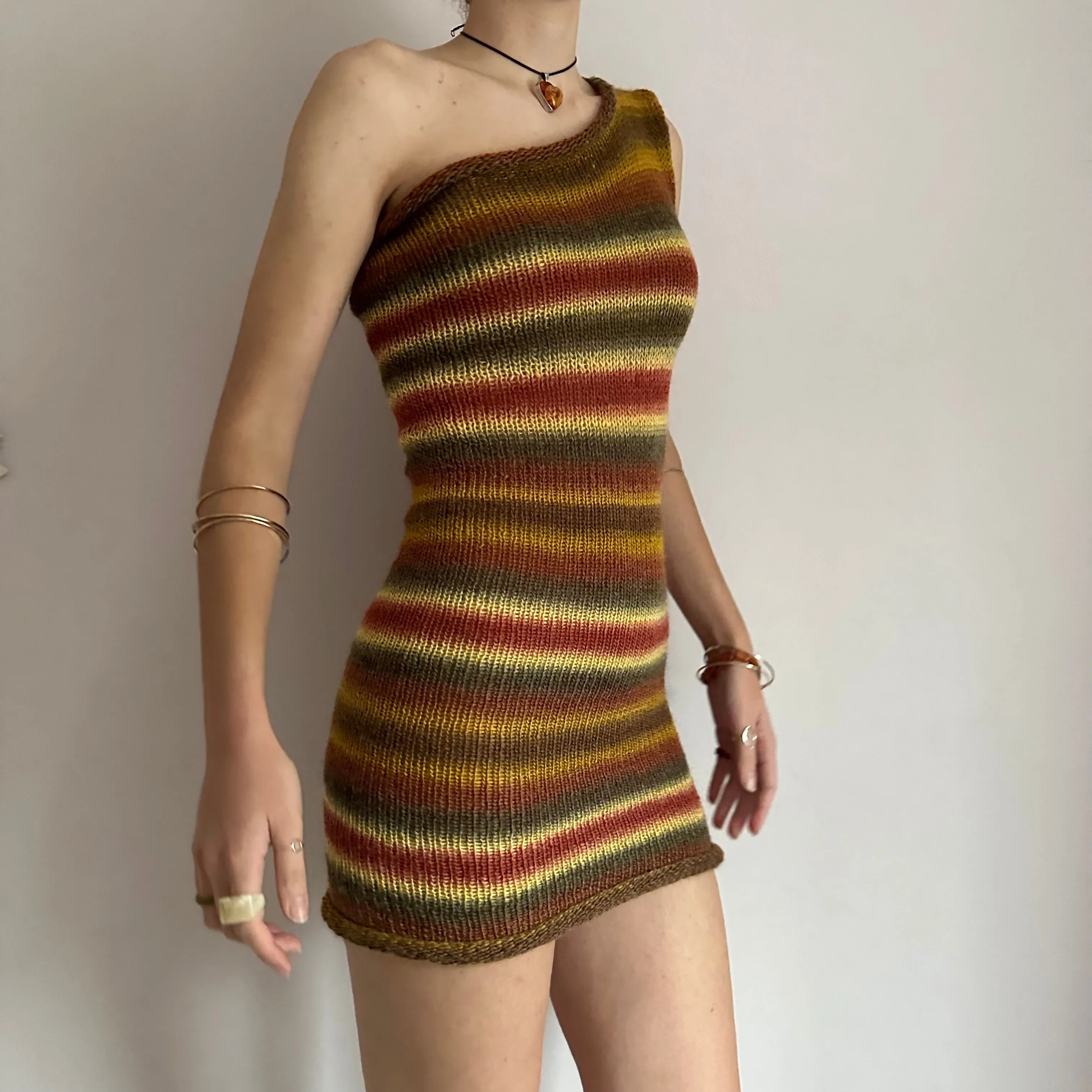 Handmade ombré earth tones one shoulder knit dress