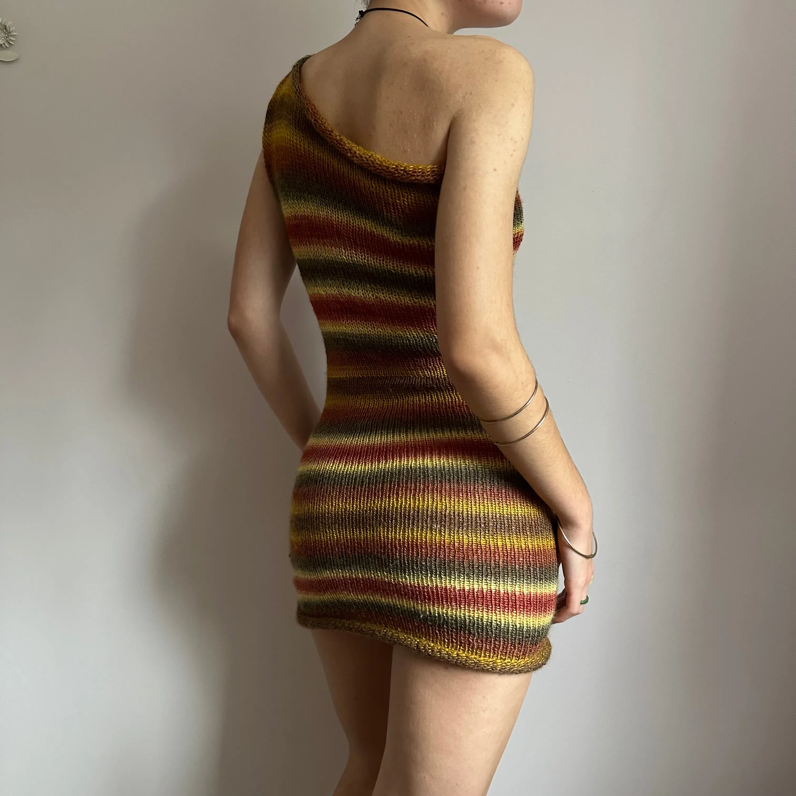 Handmade ombré earth tones one shoulder knit dress