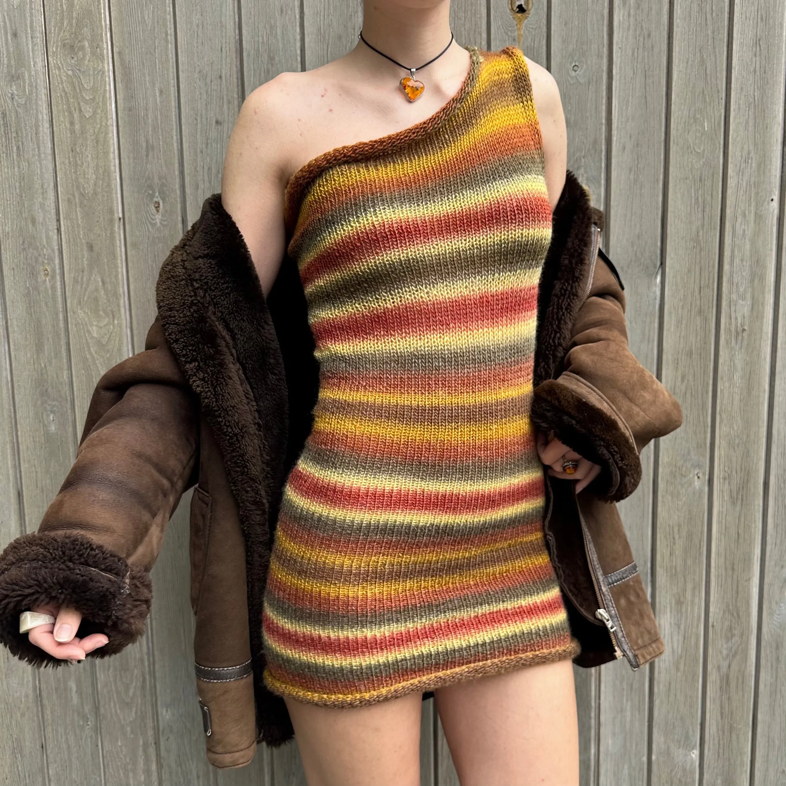 Handmade ombré earth tones one shoulder knit dress