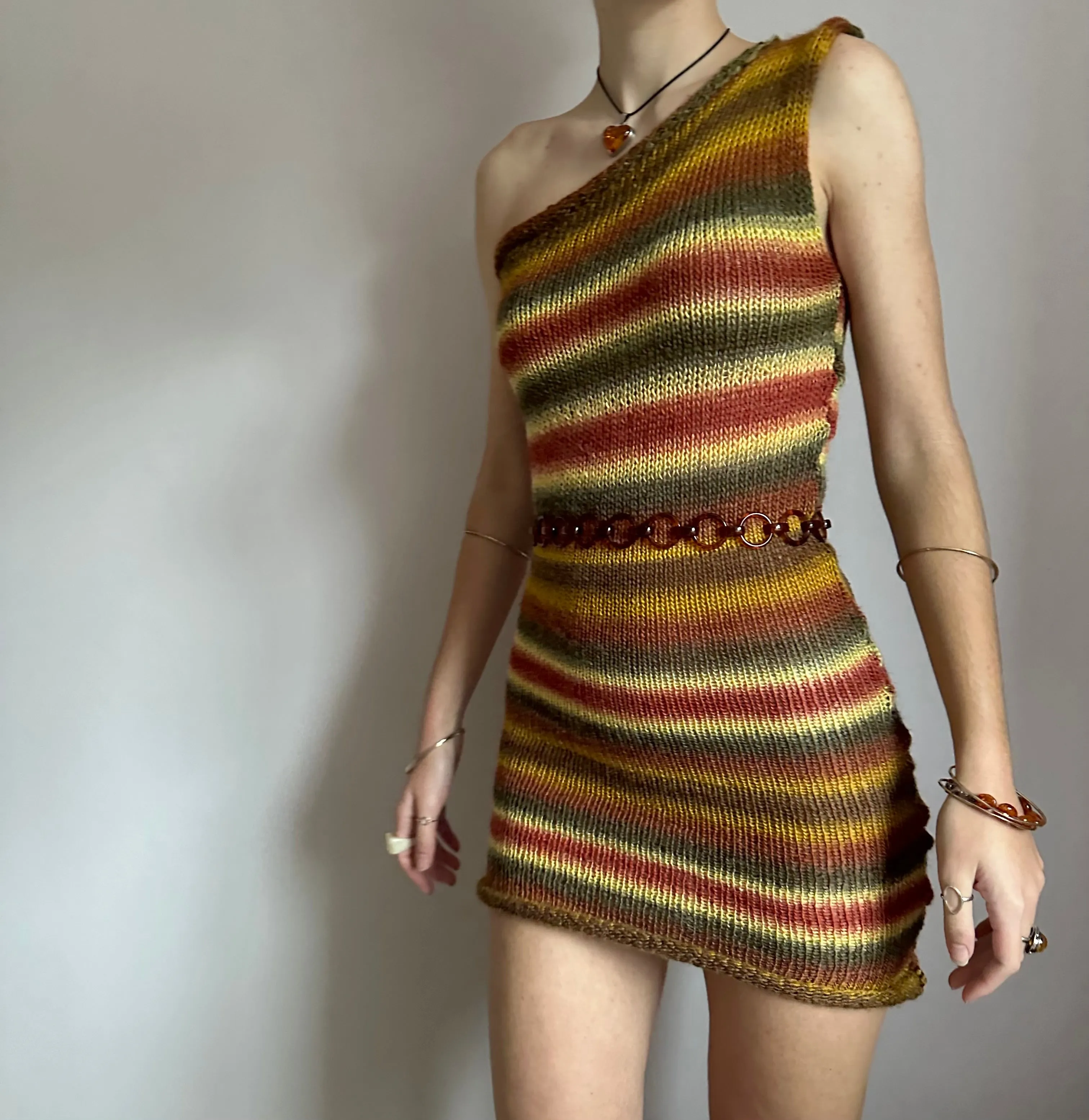 Handmade ombré earth tones one shoulder knit dress