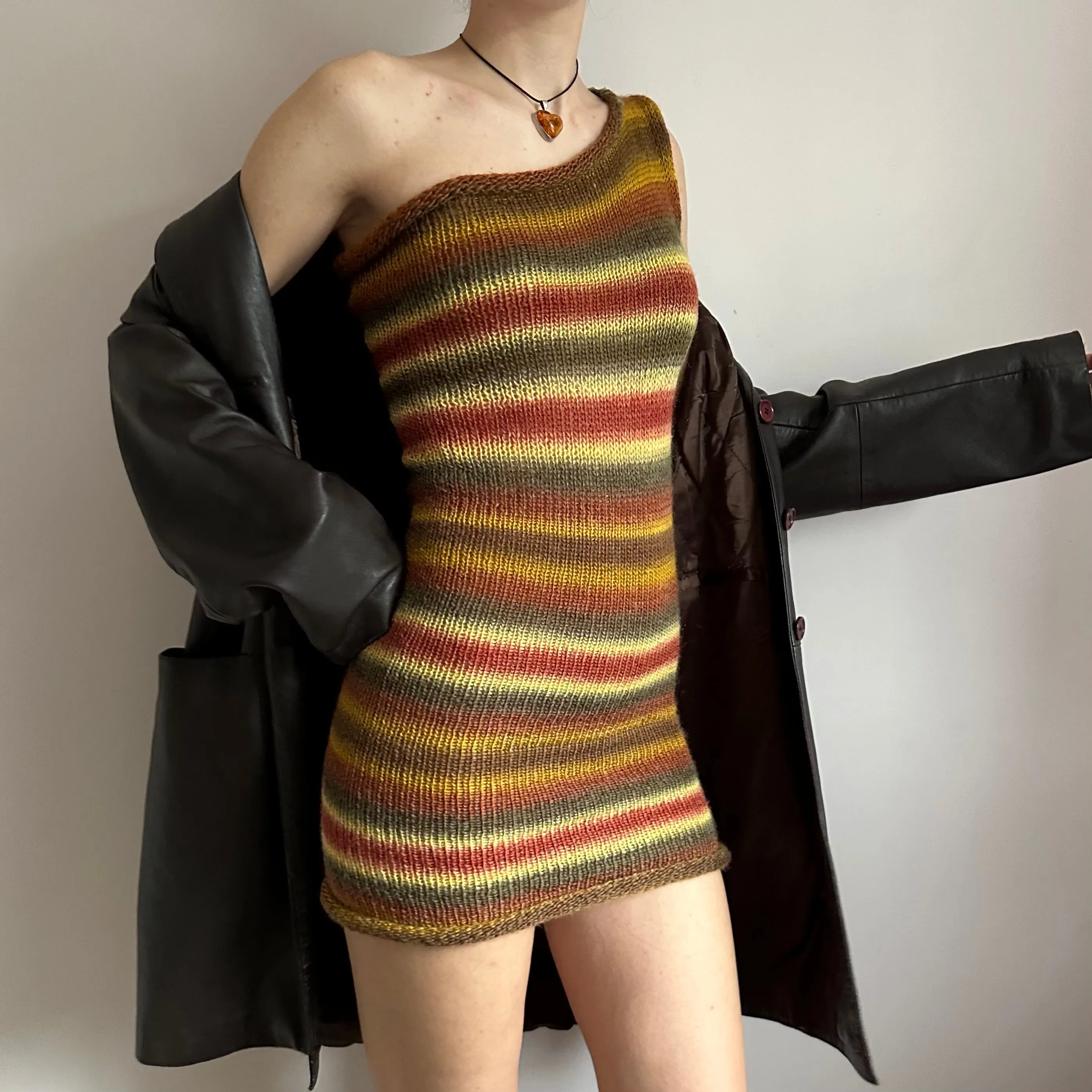 Handmade ombré earth tones one shoulder knit dress