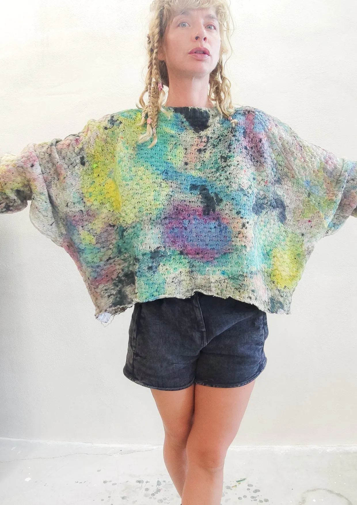 HANDPAINTED / CROPPED - SWEATER OVERSIZE - KNIT PEARL ivory painted color