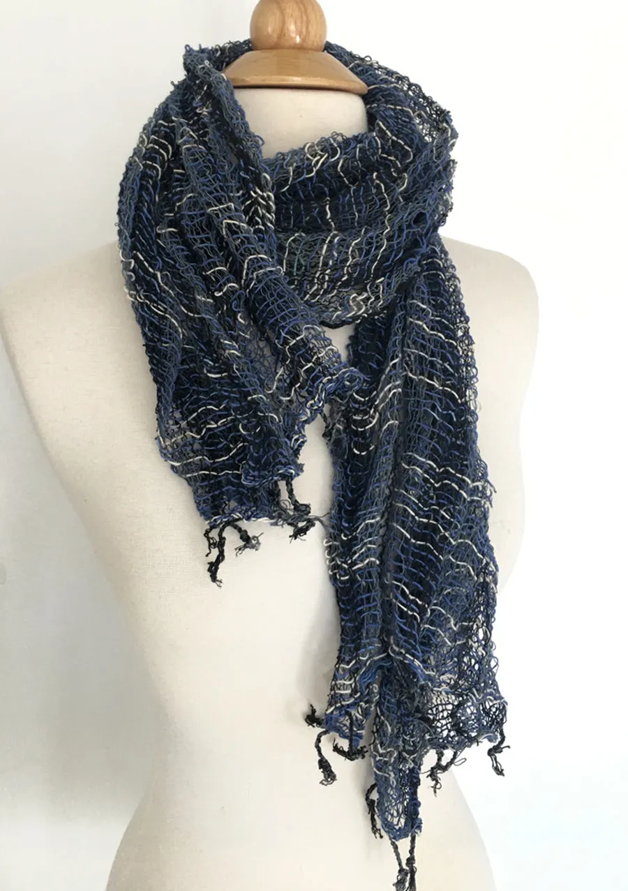 Handwoven Open Weave Cotton Scarf - Multicolor Indigo/White/Black