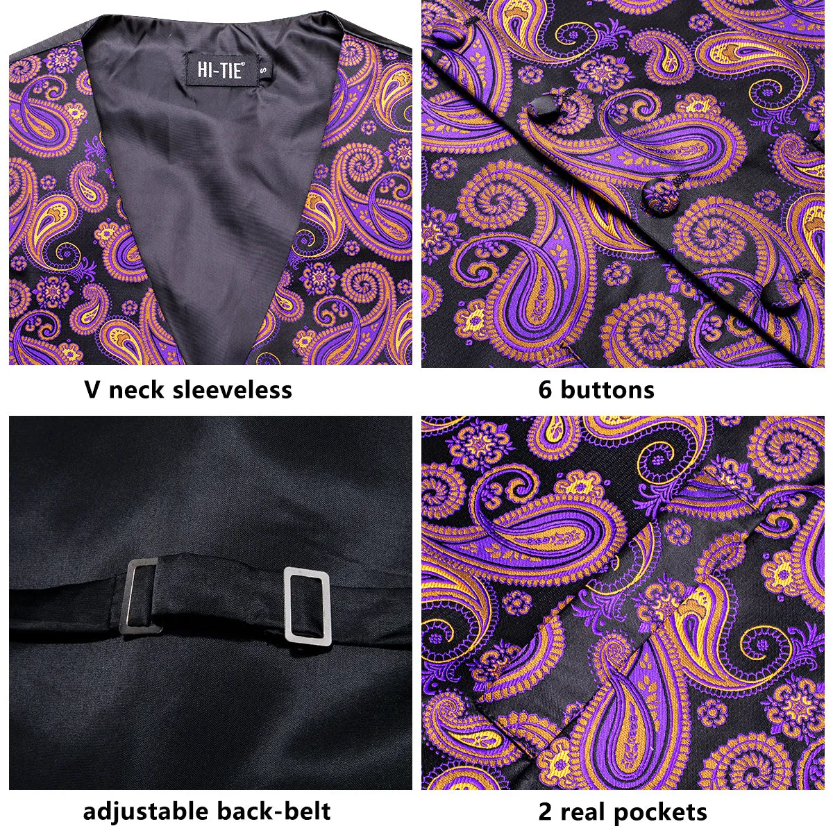 Hi-Tie Black Purple Paisley Silk Men's Vest Hanky Cufflinks Tie Set