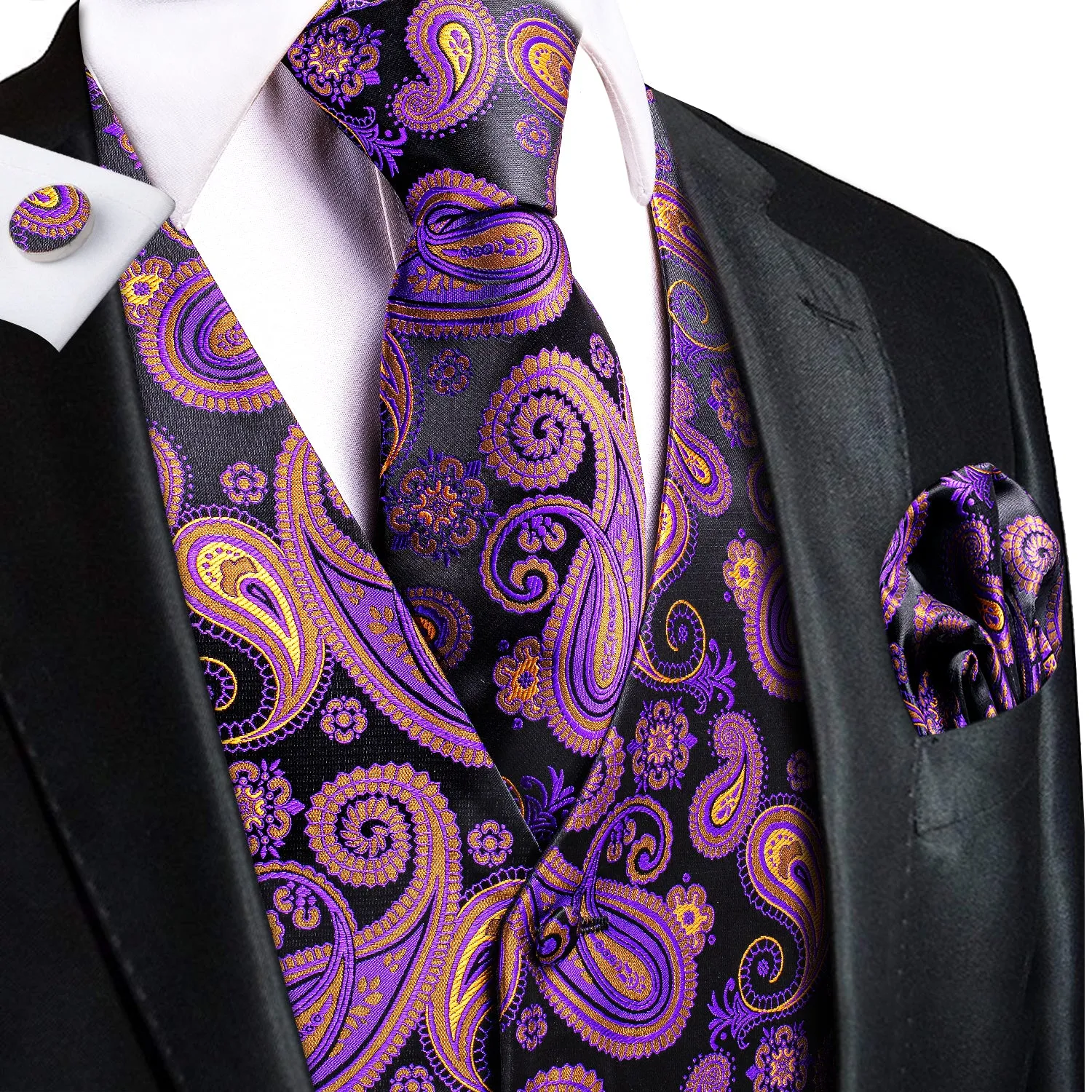 Hi-Tie Black Purple Paisley Silk Men's Vest Hanky Cufflinks Tie Set