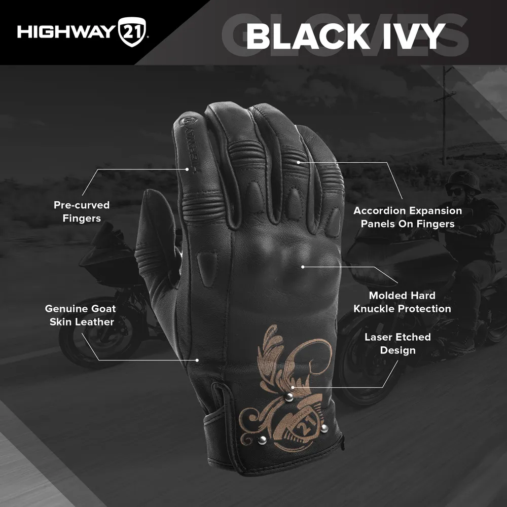 Highway 21 Women's Black Ivy Motorcycle Riding Gloves