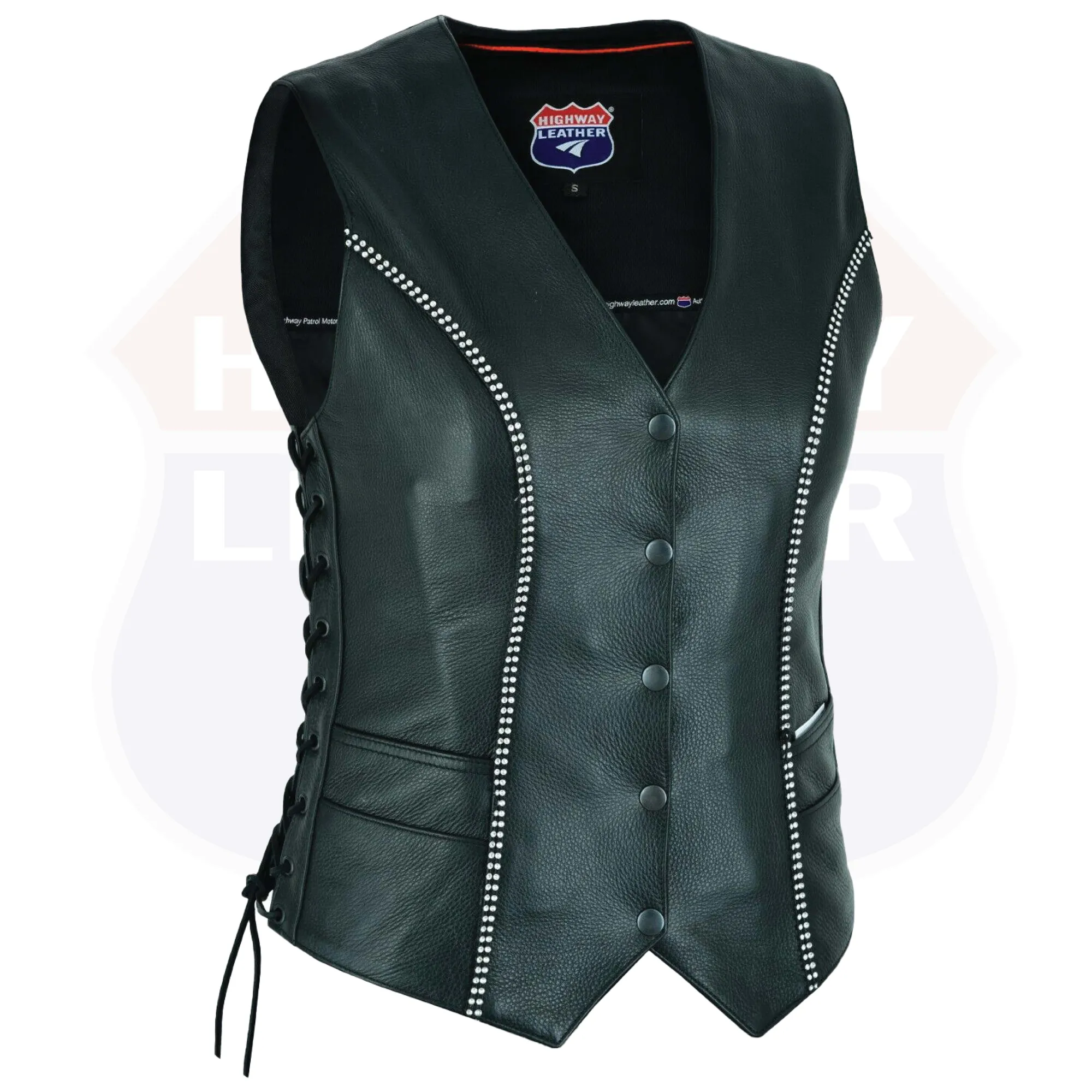 HL14659BLING Women's Bling leather motorcycle vest - Rhinestone detail Gun Pocket, Side Lace, Single Panel back, Snap front Biker