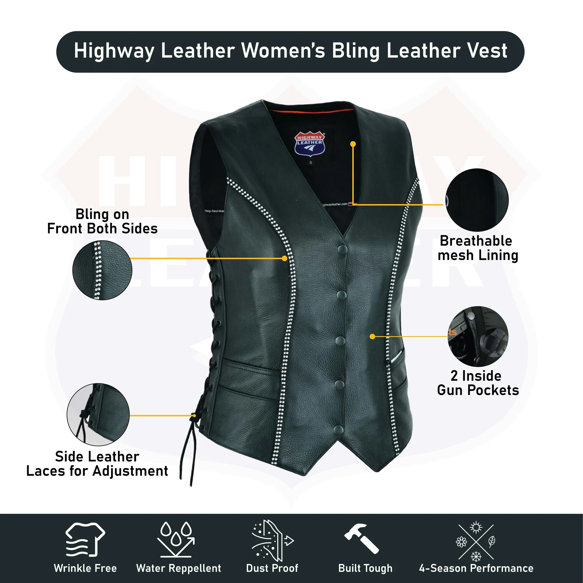 HL14659BLING Women's Bling leather motorcycle vest - Rhinestone detail Gun Pocket, Side Lace, Single Panel back, Snap front Biker