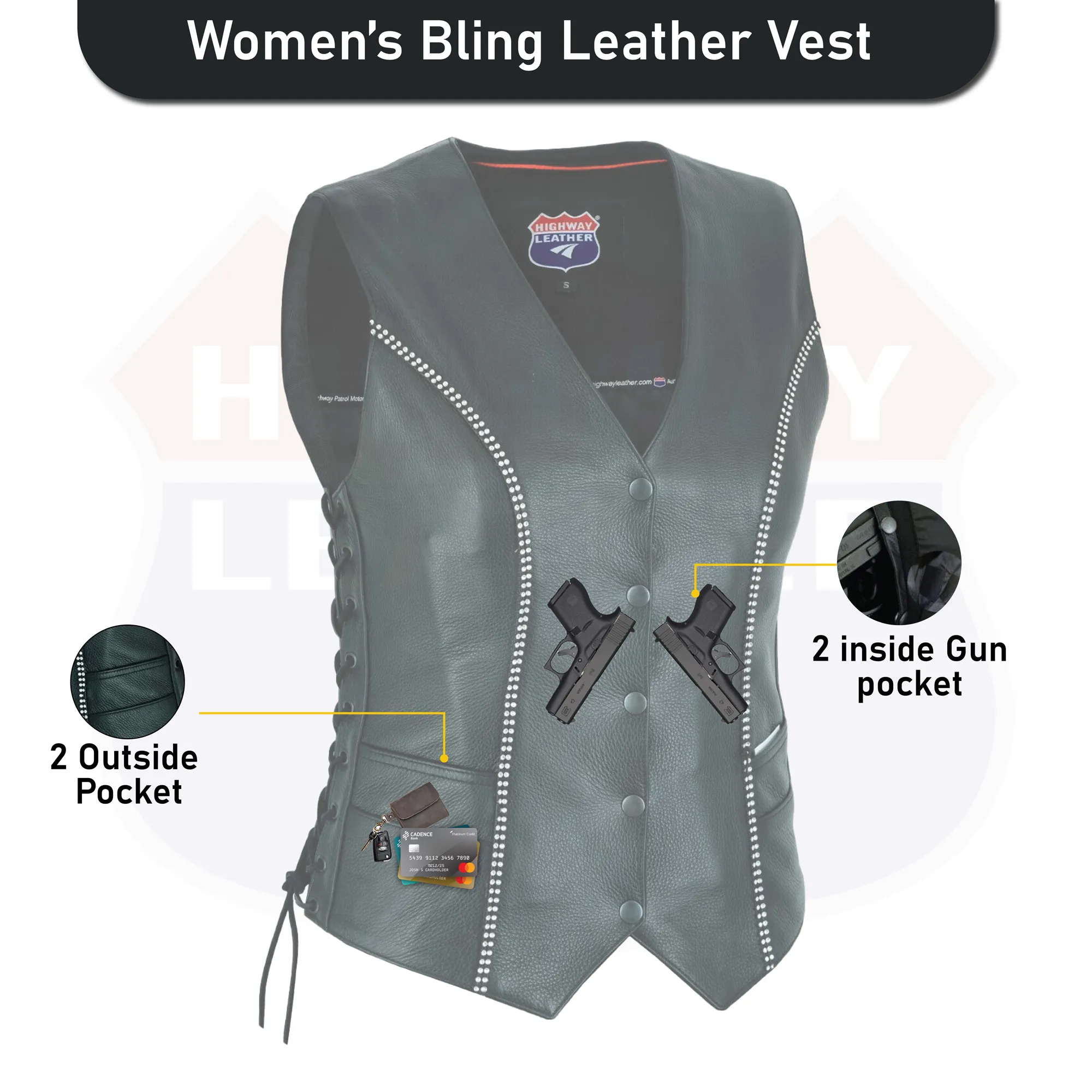 HL14659BLING Women's Bling leather motorcycle vest - Rhinestone detail Gun Pocket, Side Lace, Single Panel back, Snap front Biker