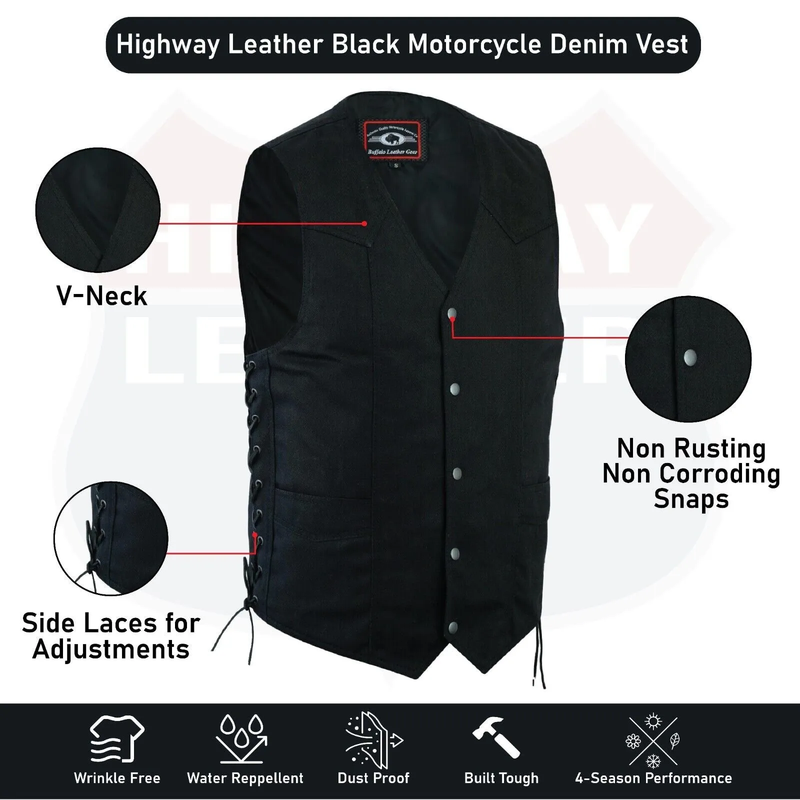 HL21614BLACK DENIM Men's Classic Denim Vest Black Motorcycle Easy Biker Patch Sewing, Side Lacing Western Cut