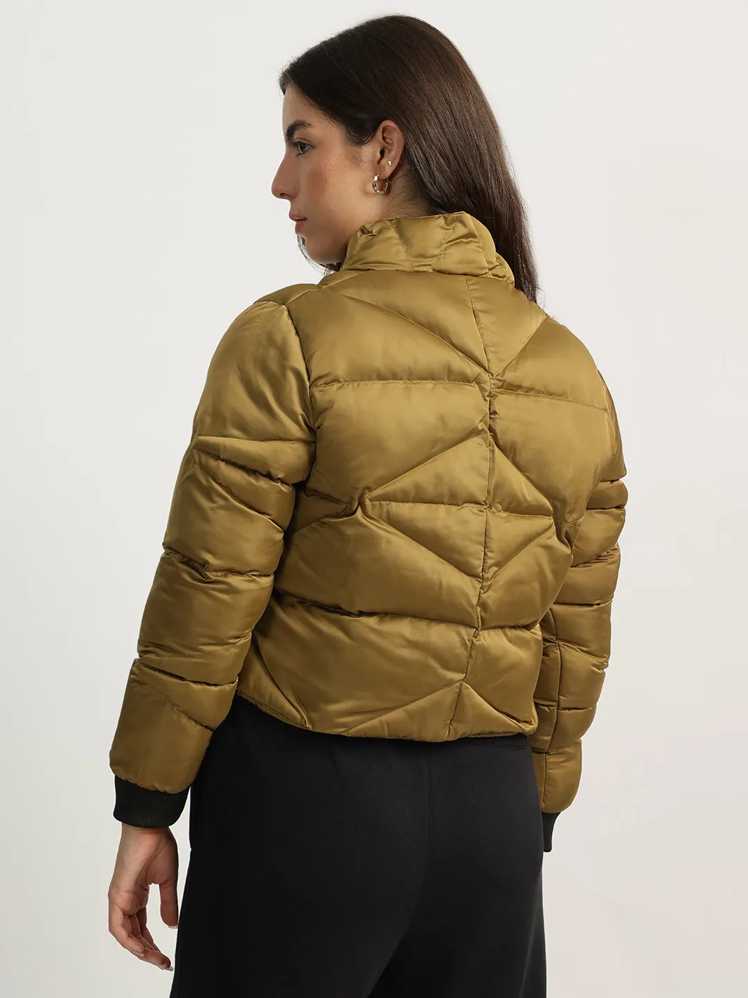 Iconic Women Gold Solid Stand Collar Full Sleeves Puffer Jacket