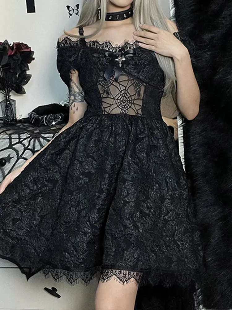 InsGoth Mini Party Aesthetic One Shoulder Strap Sexy Lace Cutouts Elegant A Line High Waist Gothic Dress