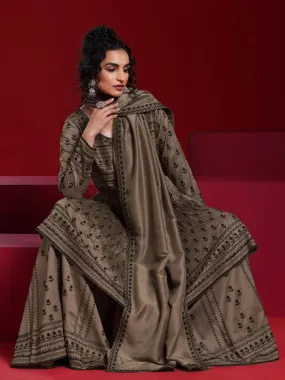 Jashvi Art Brown Embroidered Silk Blend A-Line Kurta With Sharara & Dupatta