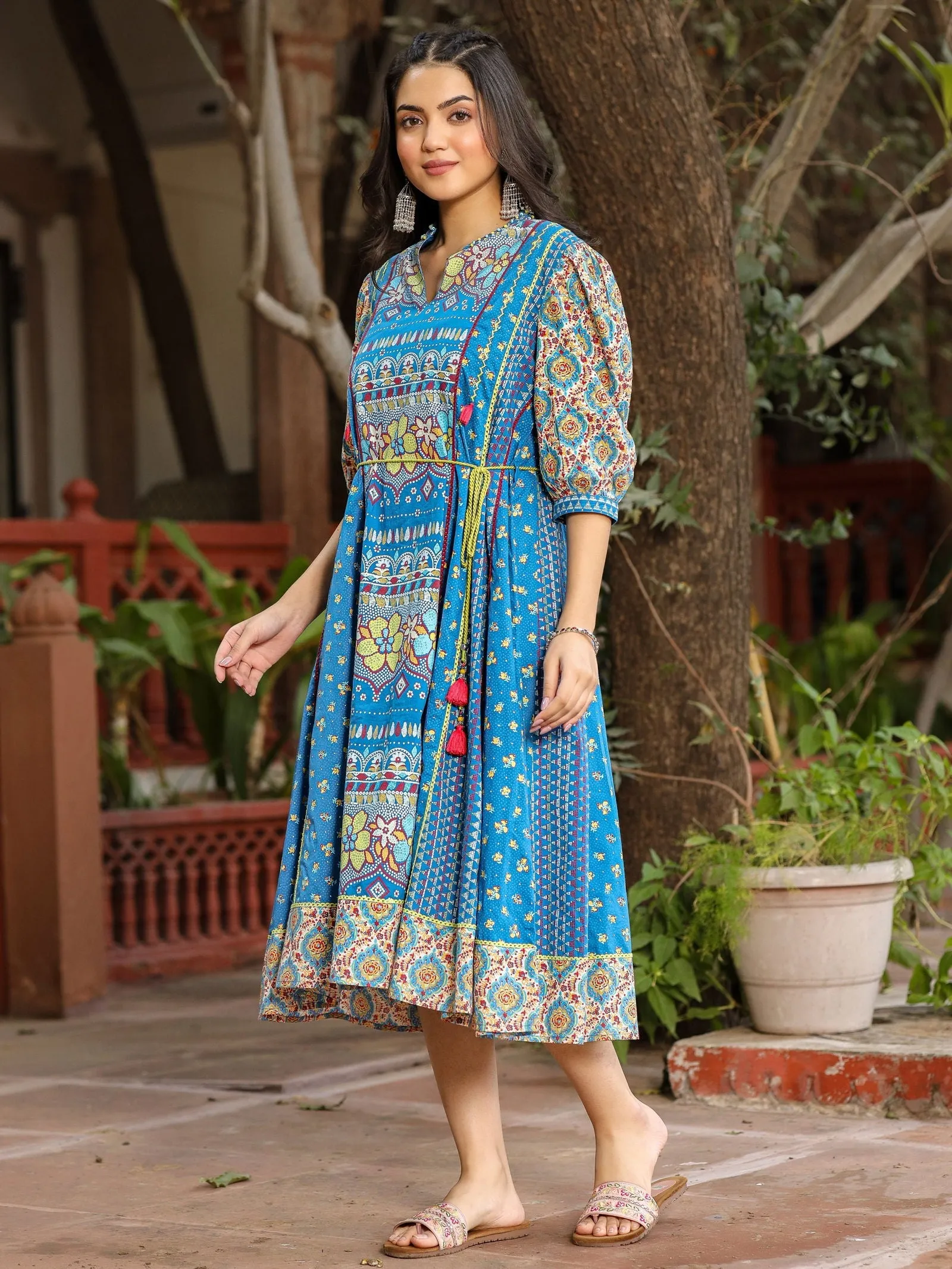 Jashvi Blue Floral Printed Pure Cotton Dress & Doris With Beads Work