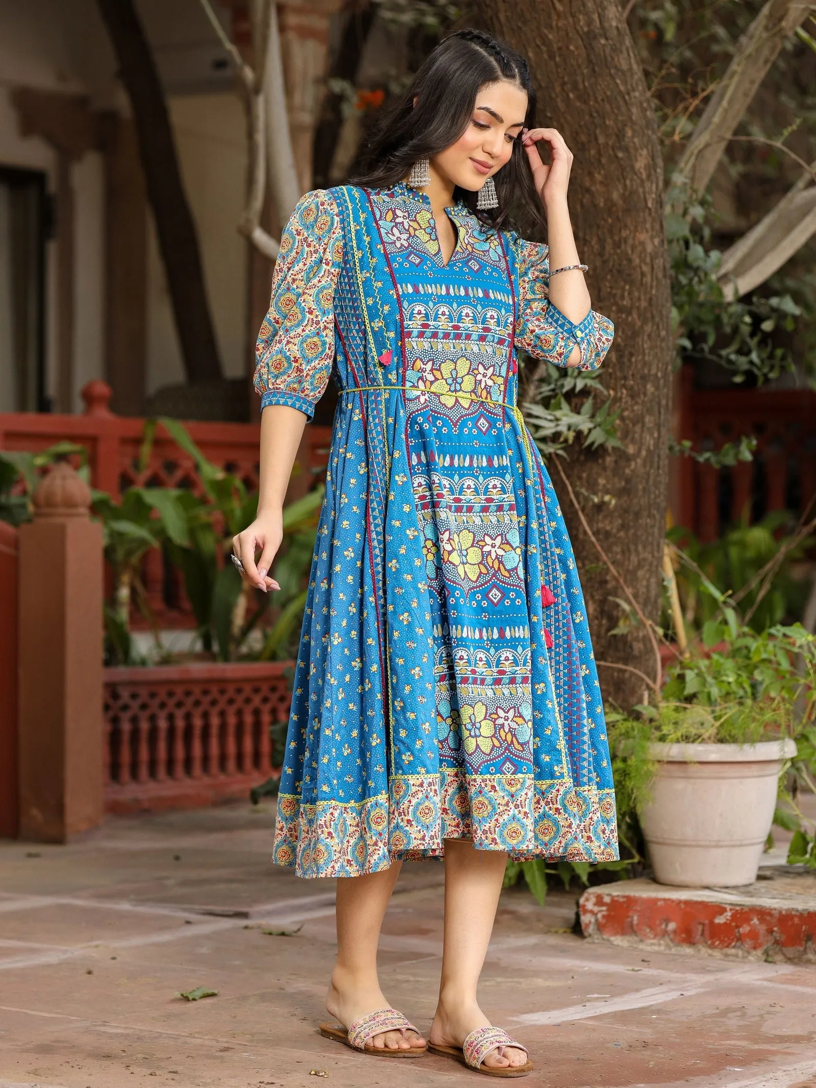 Jashvi Blue Floral Printed Pure Cotton Dress & Doris With Beads Work