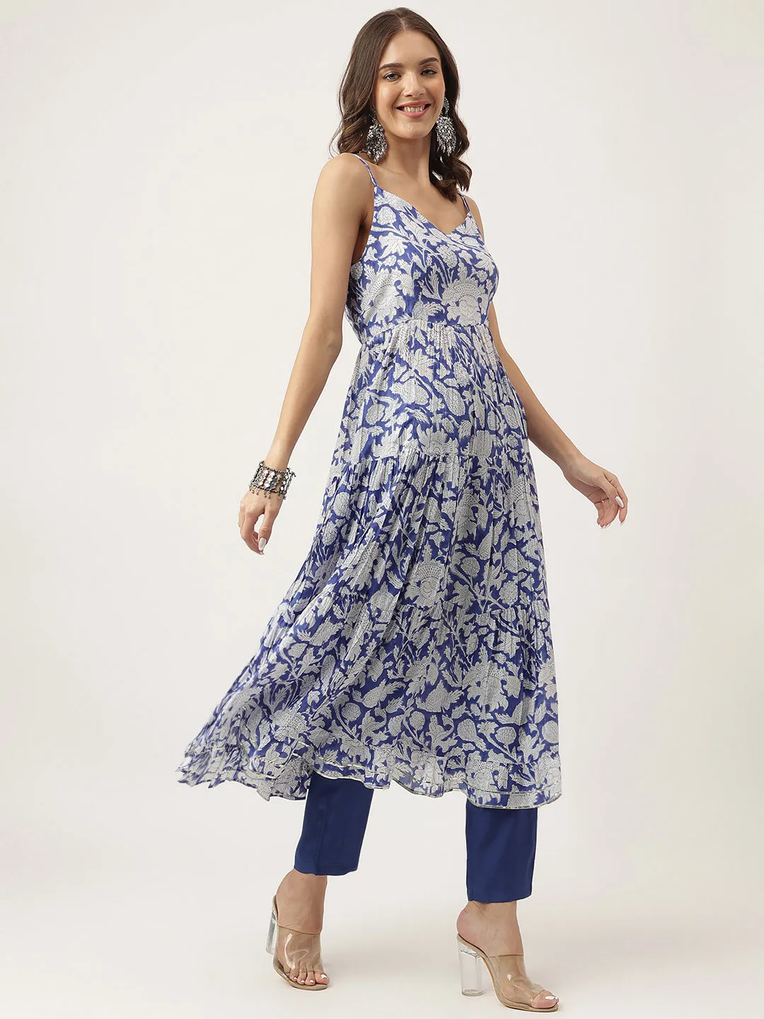 Jashvi Blue Muslin Floral Printed Kurta, Trouser with Dupatta Set