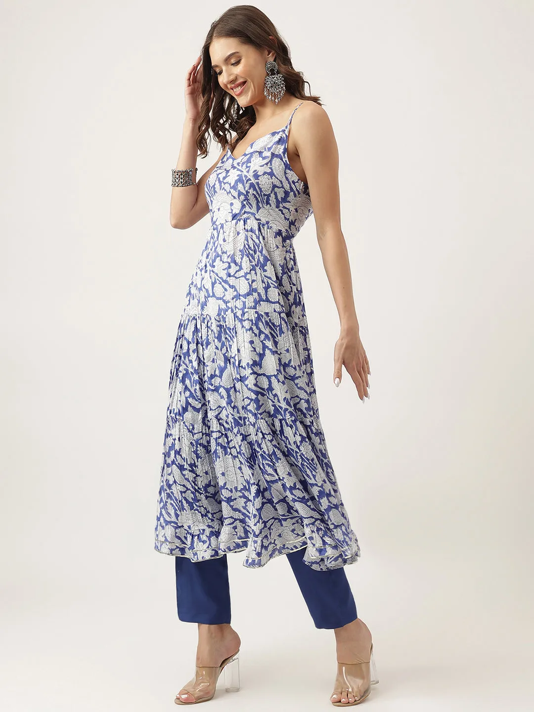 Jashvi Blue Muslin Floral Printed Kurta, Trouser with Dupatta Set