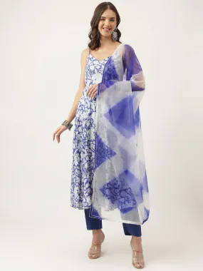 Jashvi Blue Muslin Floral Printed Kurta, Trouser with Dupatta Set