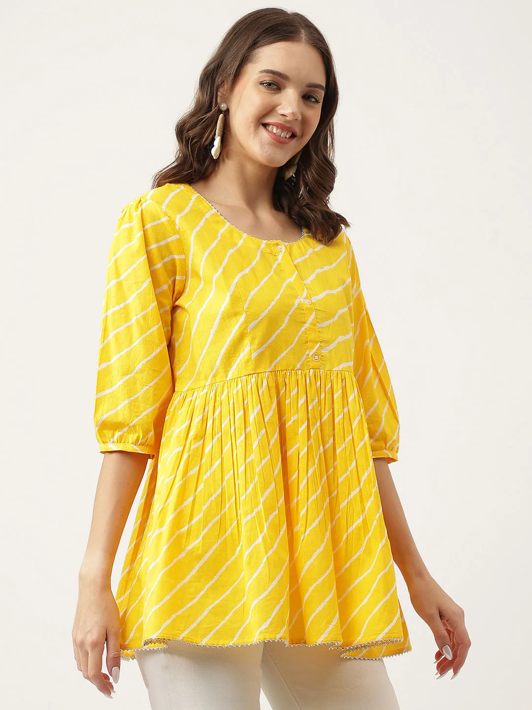 Jashvi Stripe Printed Yellow Regular Cotton Top