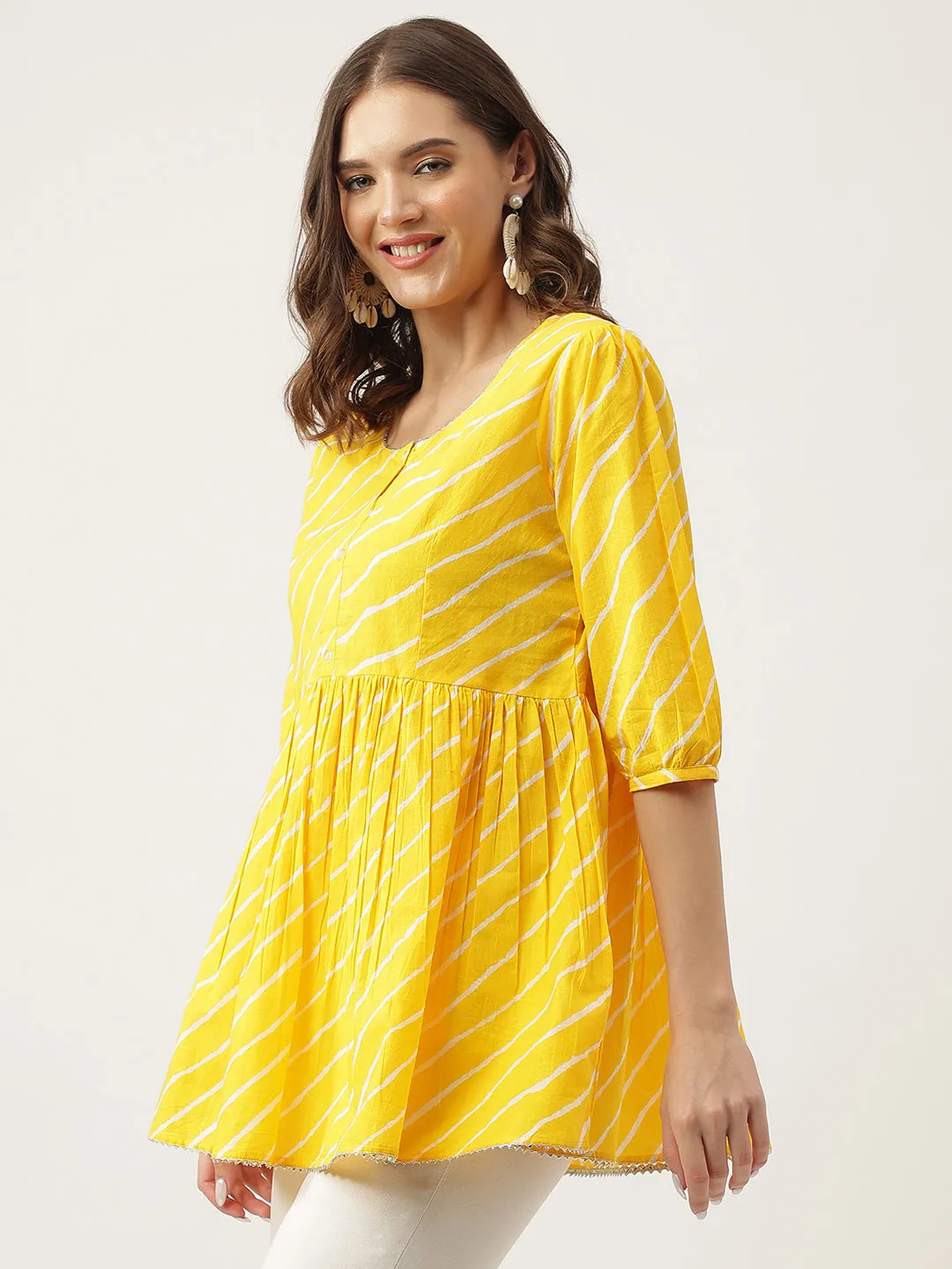 Jashvi Stripe Printed Yellow Regular Cotton Top