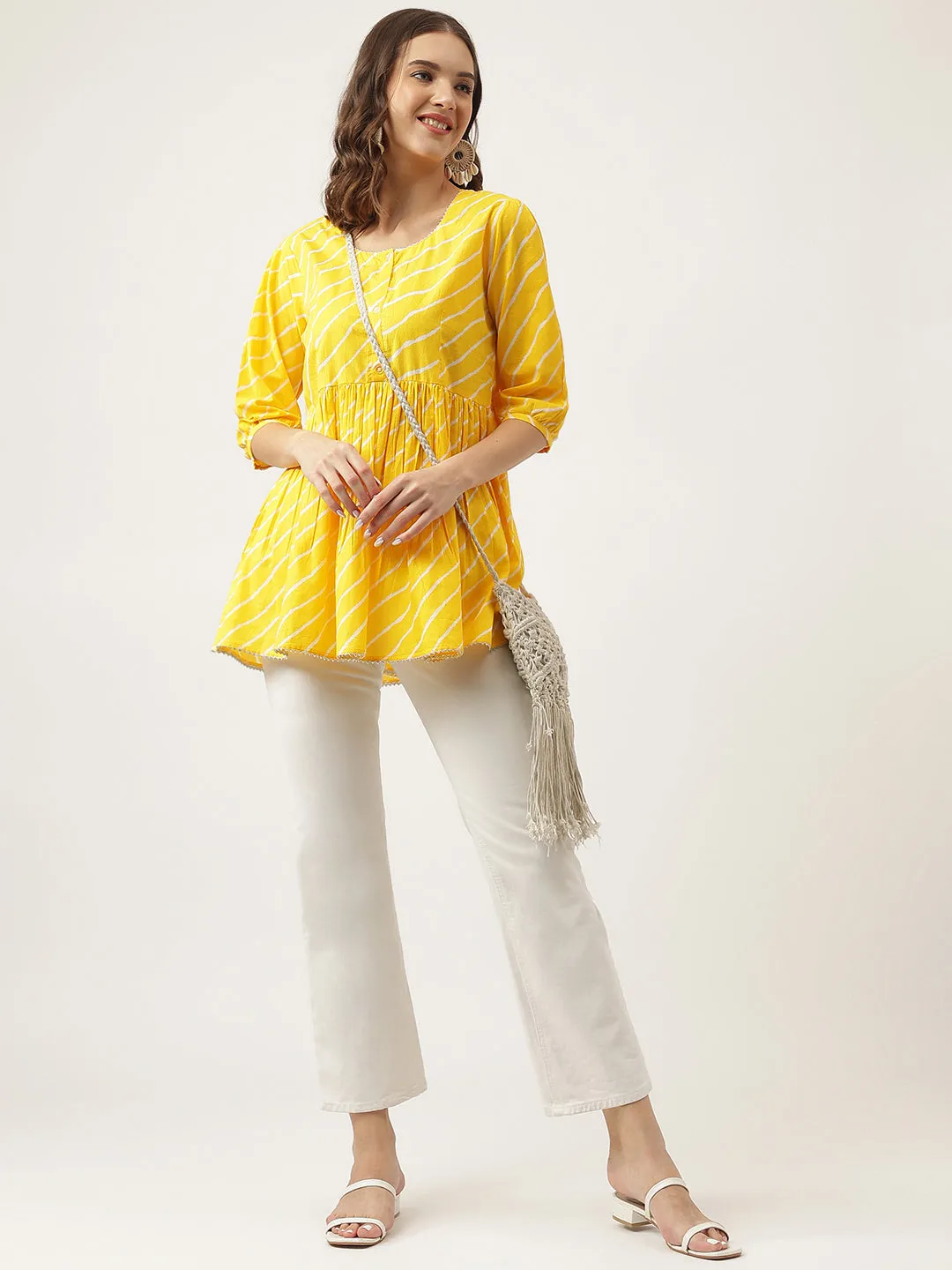 Jashvi Stripe Printed Yellow Regular Cotton Top