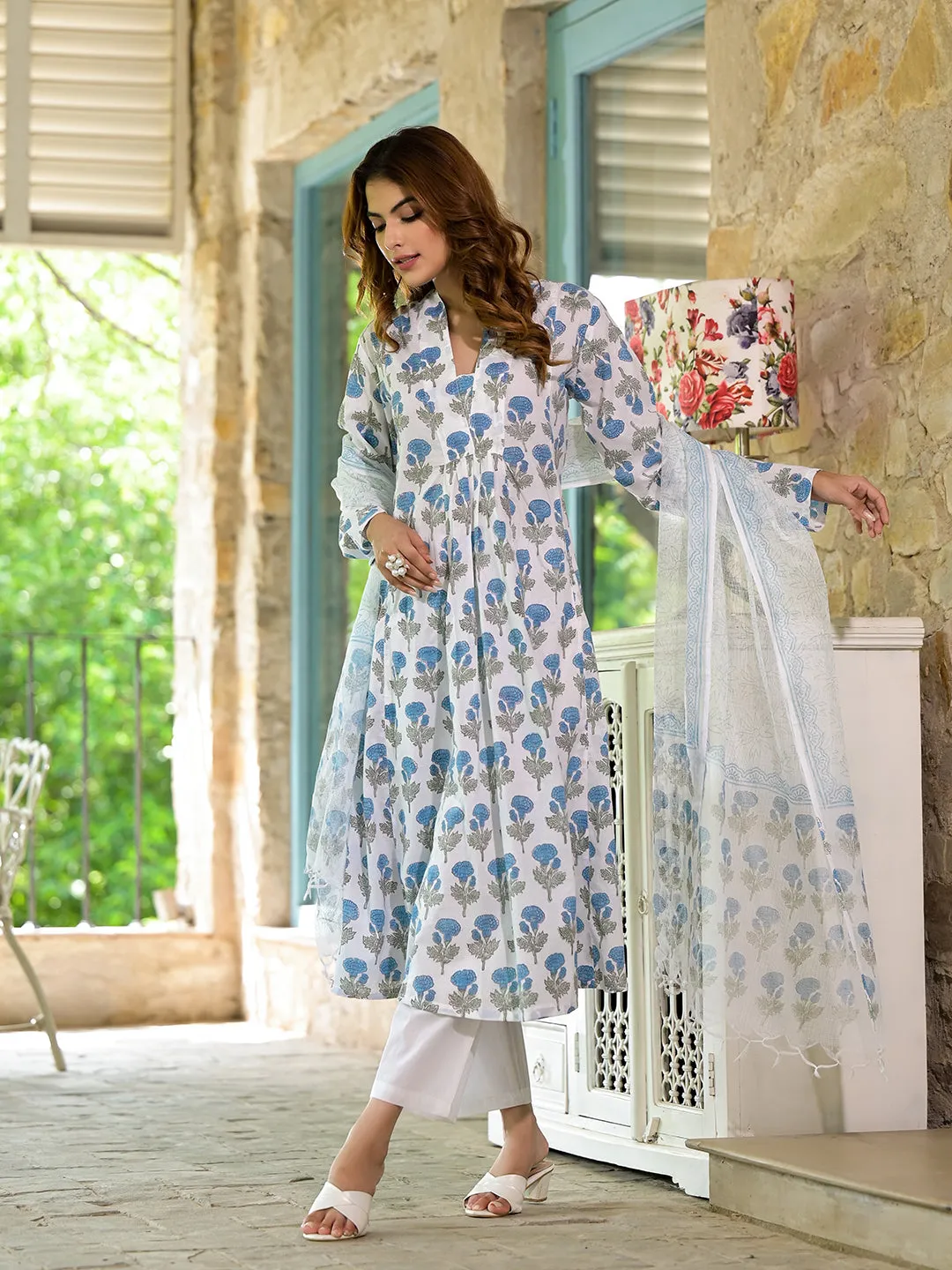 Jashvi White & Blue Floral HandBlock Cotton Anarkali Cotton Kurta Set