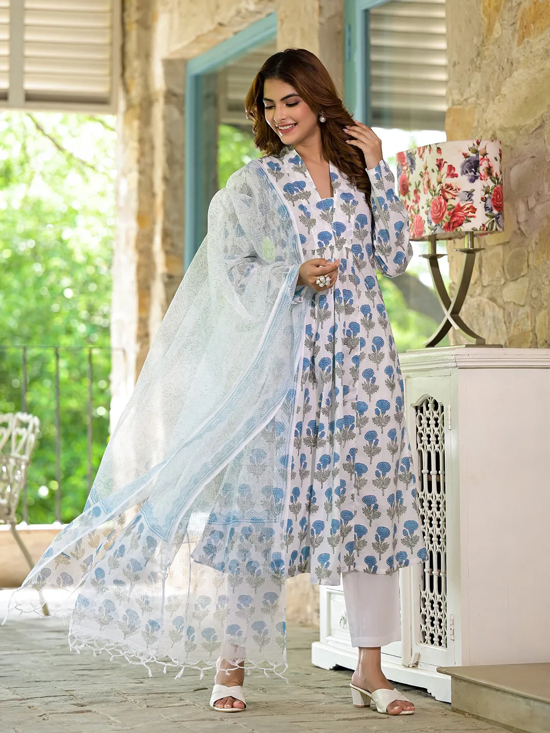 Jashvi White & Blue Floral HandBlock Cotton Anarkali Cotton Kurta Set