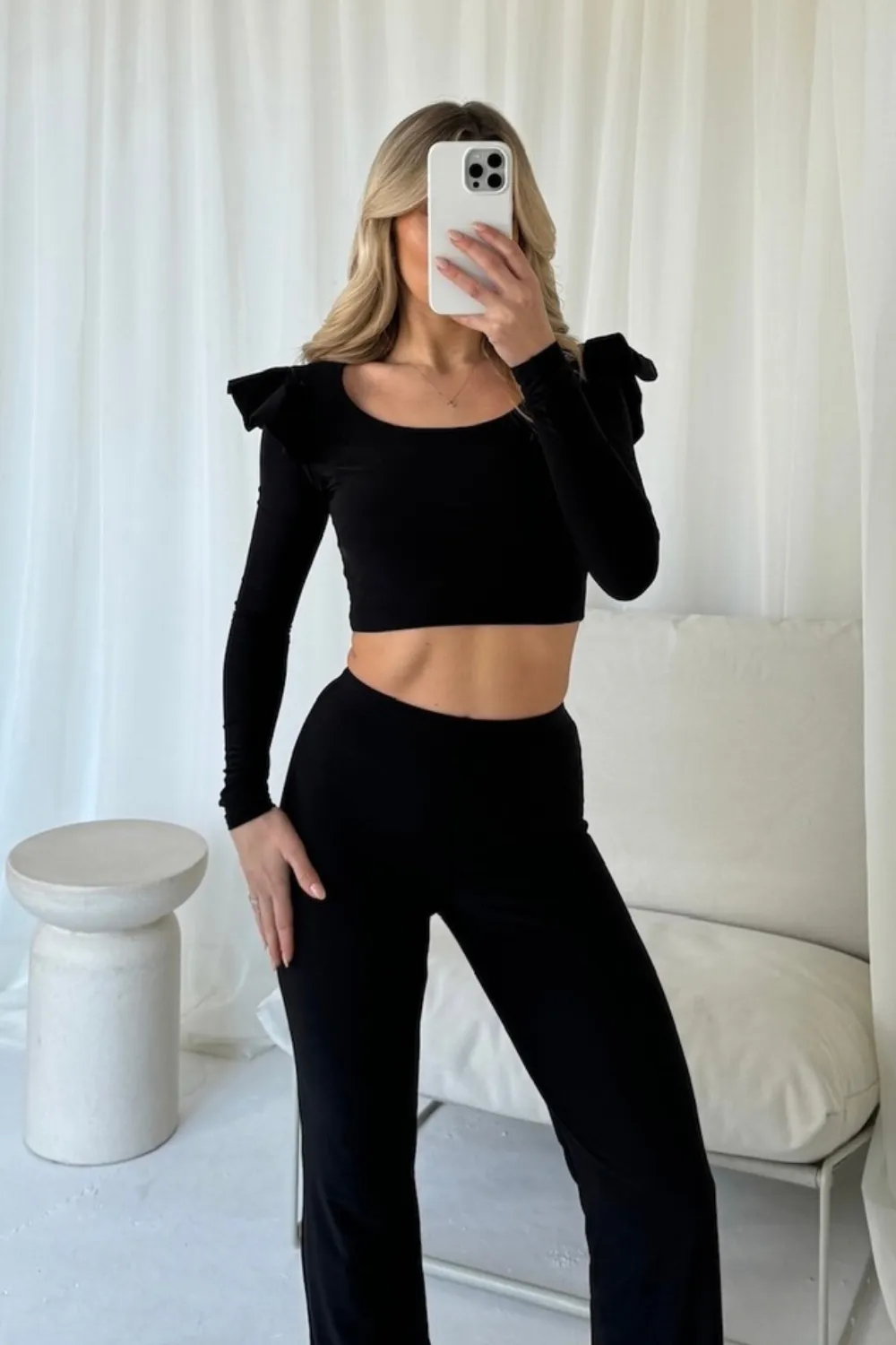 Jayden black frill shoulder top and trouser co-ord