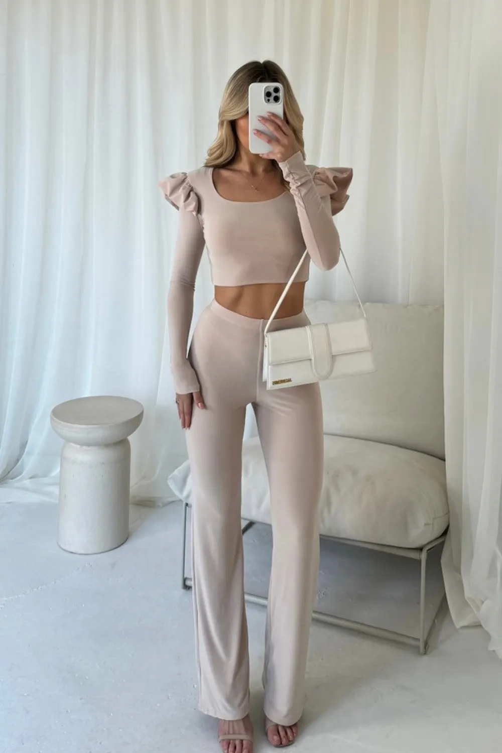 Jayden nude frill shoulder top and trouser co-ord