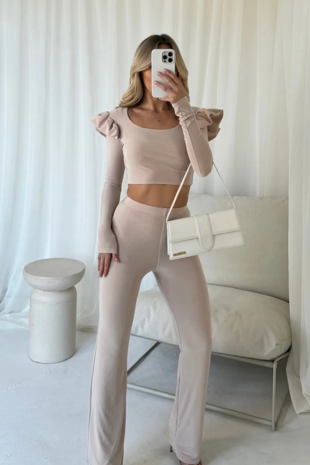 Jayden nude frill shoulder top and trouser co-ord