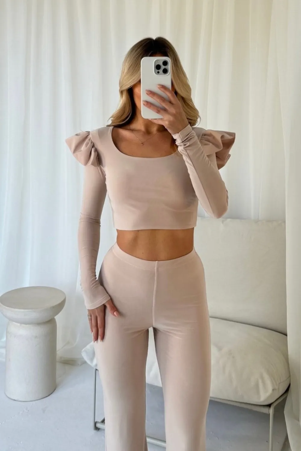 Jayden nude frill shoulder top and trouser co-ord