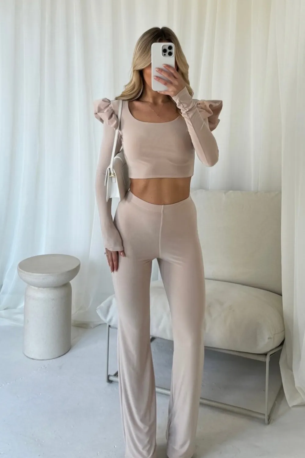 Jayden nude frill shoulder top and trouser co-ord