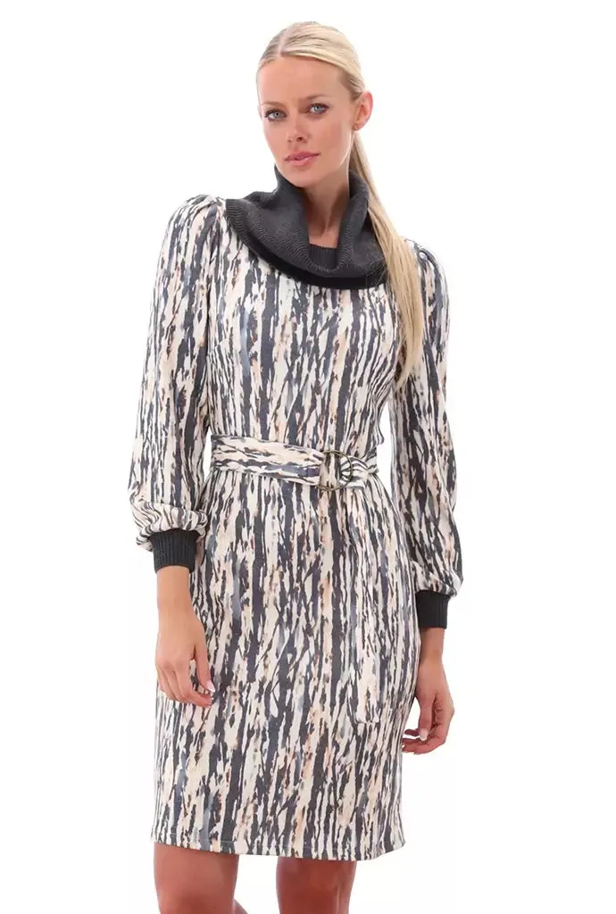 K Design Z423 Grey Print Turtle Neck Dress