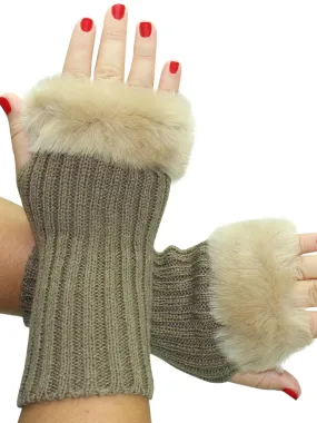 Khaki Knit Arm Warmer Gloves With Fur Trim