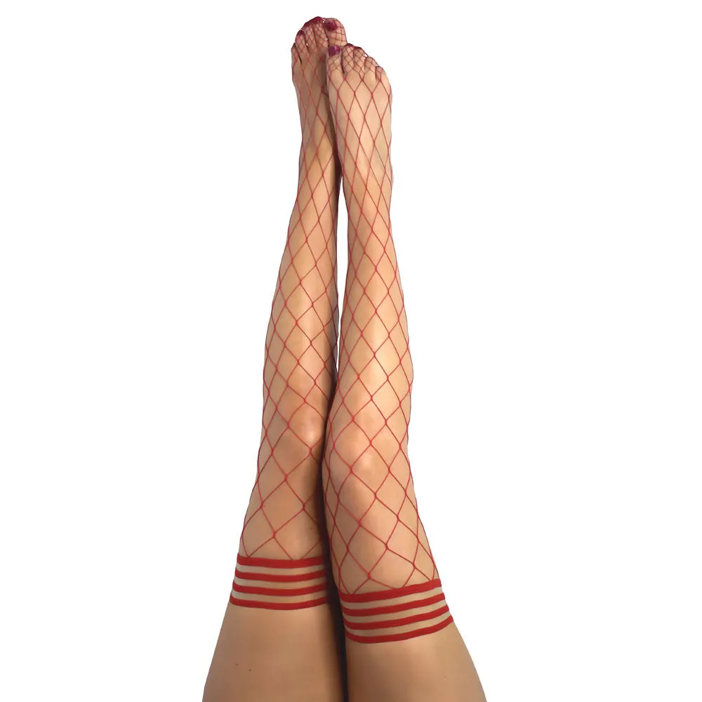 Kixies CLAUDIA Large Diamond Red Fishnet Thigh Highs - Red - Size B