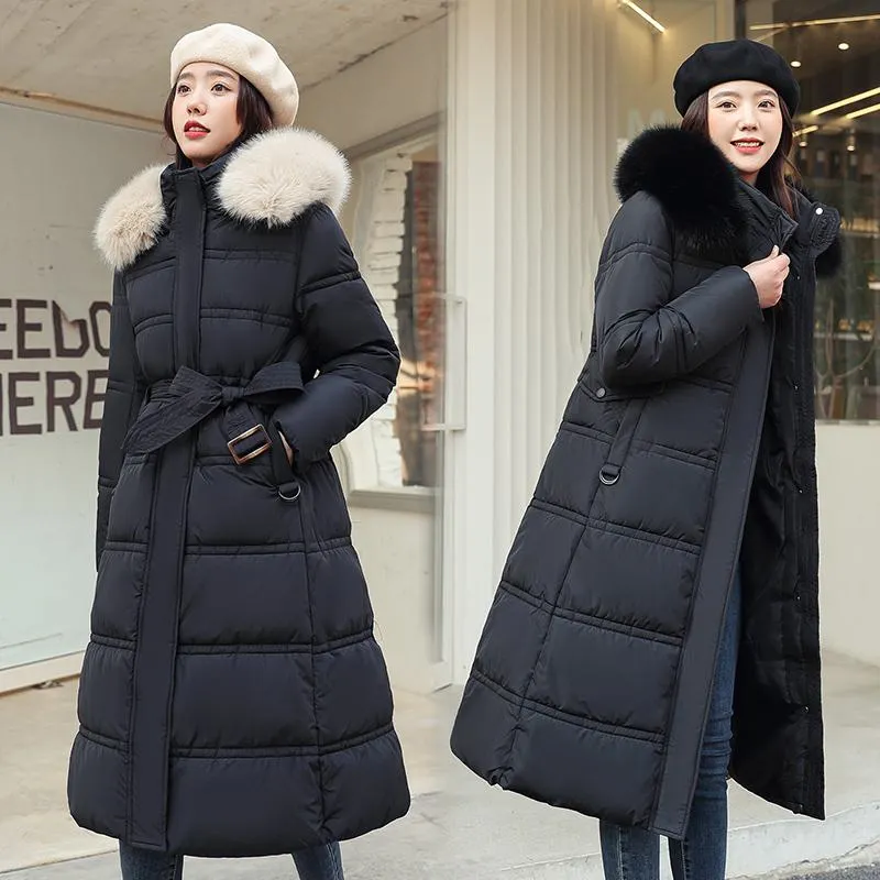 Knee-Length Thickened Fur Collar Puffer Jacket